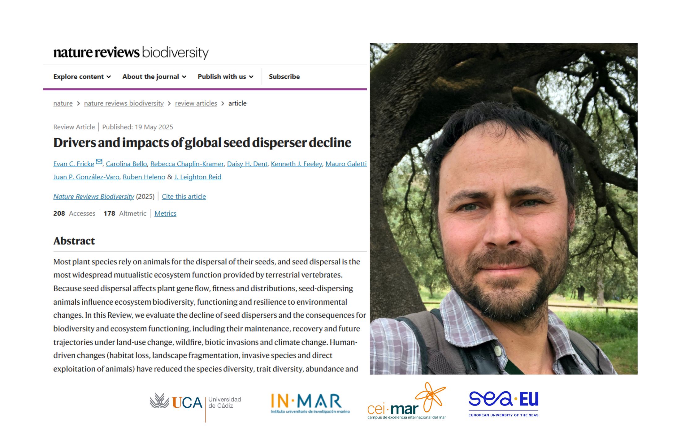 Juan P. González-Varo colabora en un artículo publicado en Nature Reviews Biodiversity sobre la crisis global de los dispersores de semillas